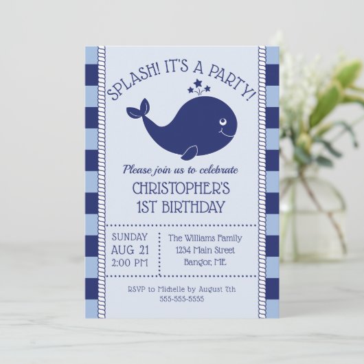 第1誕生日ブ航海のルーホエールブルーネービストライプー 招待状 (スタンド正面)