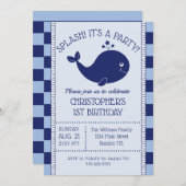 第1誕生日ブ航海のルーホエールブルーネービストライプー 招待状 (正面/裏面)