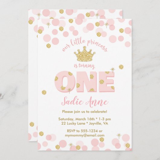 第1誕生日プリンセスピンク金ゴールドグリッター 招待状 (正面/裏面)