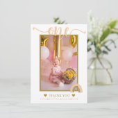 第1誕生日ボホレインボーピンク金ゴールド写真 サンキューカード (スタンド正面)