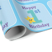 第1誕生日ボーイ、ブルーイエロースター ラッピングペーパー (ロールコーナー)