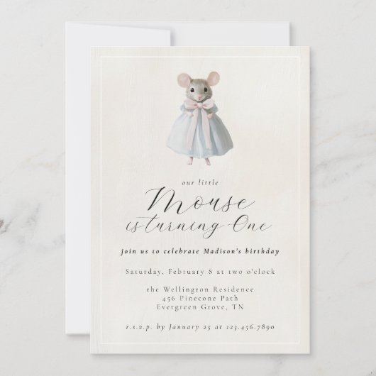 第1誕生日マウスお洒落ビクトリアン誕生日 招待状 (正面)