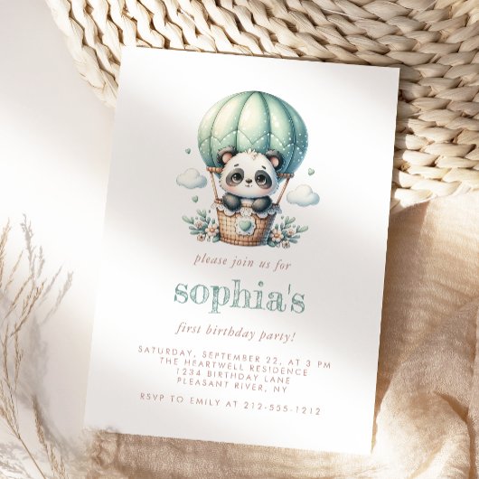 第1誕生日ミントグリーンウォーターカラーパンダバルーン 招待状