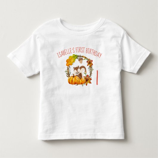 第1誕生日リスとカボチャ素朴リース トドラーTシャツ (正面)