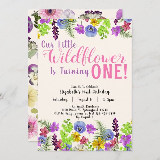 第1誕生日リトルワイルドフラワーフローラガールベージュ 招待状 (正面/裏面)