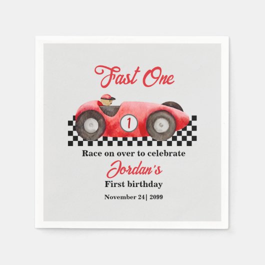 第1誕生日レッドレースカーファーストワン スタンダードカクテルナプキン (正面)