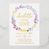 第1誕生日ワイルドフラワー春サマーベビーガール 箔招待状 (正面)