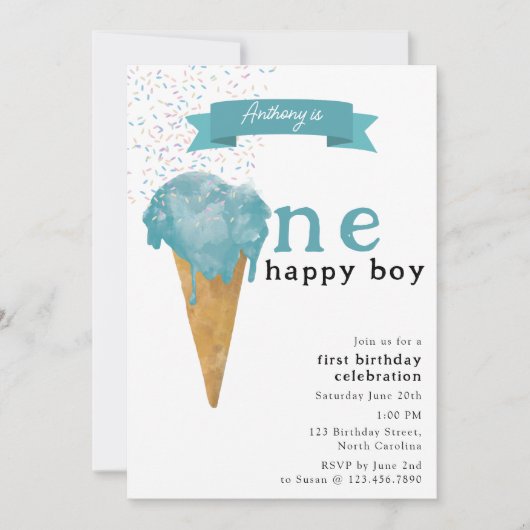 第1誕生日ワンハッピーボーイブルーアイスクリーム 招待状 (正面)