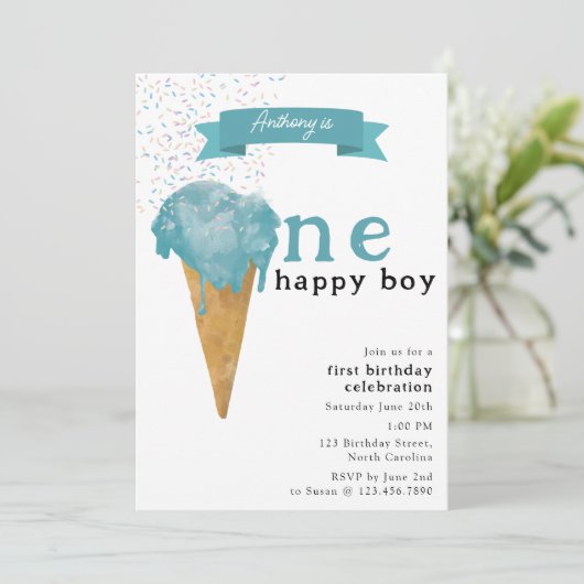 第1誕生日ワンハッピーボーイブルーアイスクリーム 招待状 (スタンド正面)