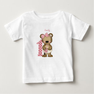 第1誕生日女子テディベアと人形Tシャツ ベビーTシャツ