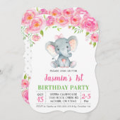第1誕生日女子フローラピンクゾウパーティー 招待状 (正面/裏面)