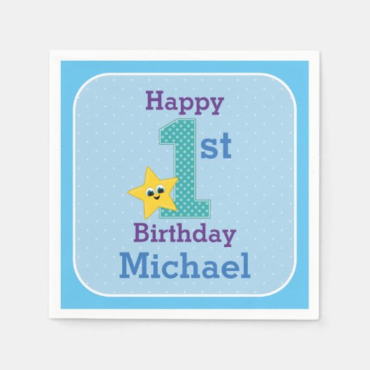 第1誕生日少年，青，黄色の星（名前あり） スタンダードカクテルナプキン (正面)