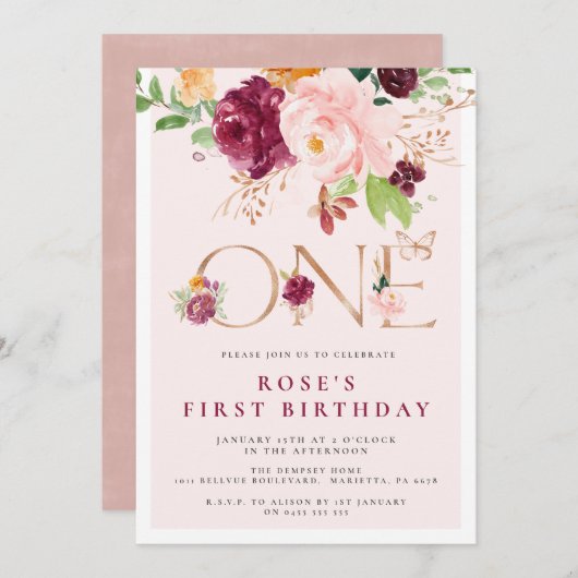 第1誕生日招待状サフランバラバタフライ 招待状 (正面/裏面)