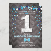 第1誕生日招待状ボーイワンネイビーブルーボウタイ 招待状 (正面/裏面)