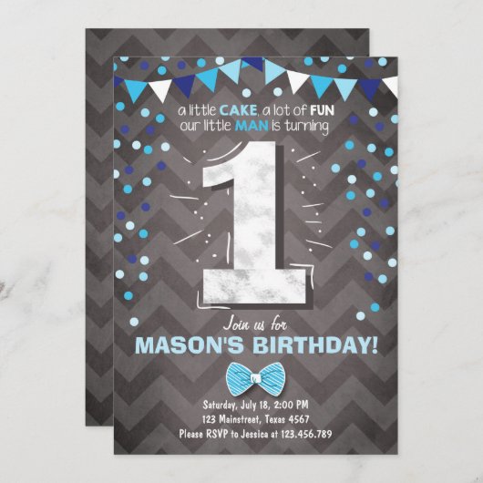 第1誕生日招待状ボーイワンネイビーブルーボウタイ 招待状 (正面/裏面)