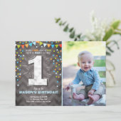 第1誕生日招待状少年ワンチョークグリーンブルー 招待状 (スタンド正面)