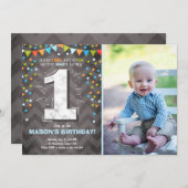 第1誕生日招待状少年ワンチョークグリーンブルー 招待状 (正面/裏面)