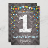 第1誕生日招待状少年ワンチョークグリーンブルー 招待状 (正面/裏面)