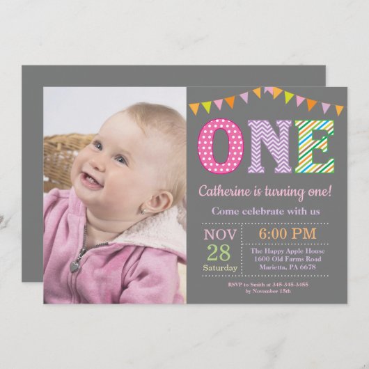 第1誕生日招待状。ガールファースト誕生日写真 招待状 (正面/裏面)