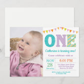 第1誕生日招待状。ガールファースト誕生日写真 招待状 (正面/裏面)