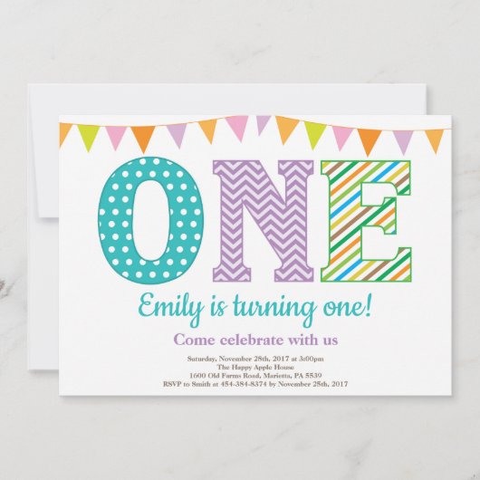 第1誕生日招待状。ガールファースト誕生日 招待状 (正面)