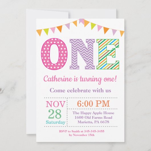 第1誕生日招待状。ガールファースト誕生日 招待状 (正面)