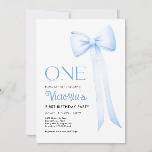 第1誕生日招待状、ブルーコケットボウ1st 招待状 (正面)