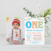 第1誕生日招待状。ボーイファースト誕生日写真 招待状 (スタンド正面)