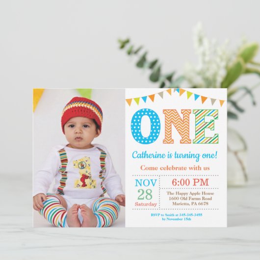 第1誕生日招待状。ボーイファースト誕生日写真 招待状 (スタンド正面)