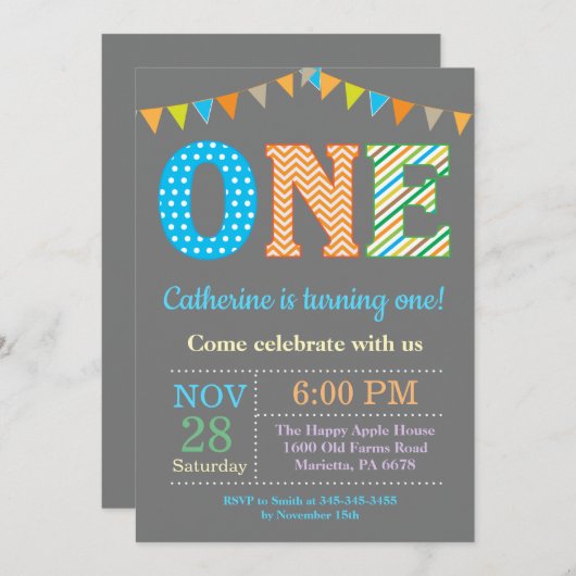 第1誕生日招待状。ボーイファースト誕生日 招待状 (正面/裏面)