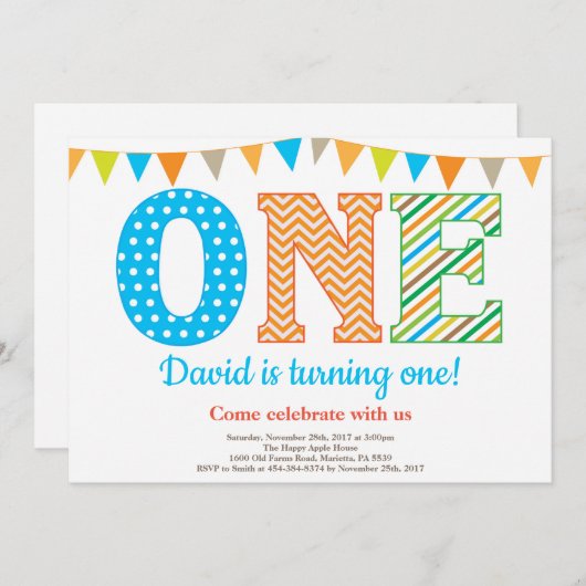 第1誕生日招待状。ボーイファースト誕生日 招待状 (正面/裏面)