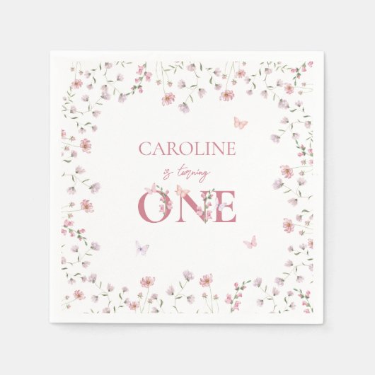 第1誕生日水彩ワイルドフラワーバタフライ スタンダードカクテルナプキン (正面)