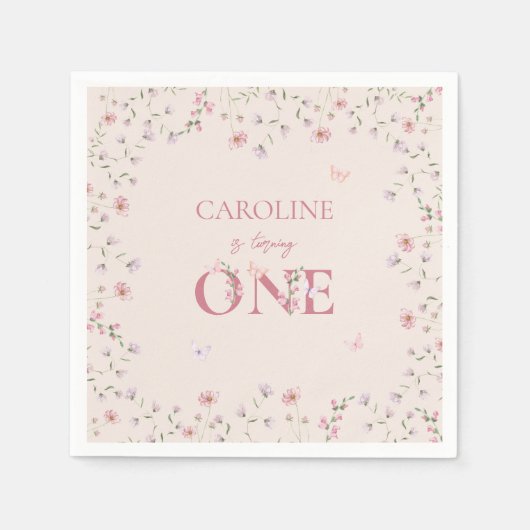 第1誕生日水彩ワイルドフラワーバタフライ スタンダードカクテルナプキン (正面)