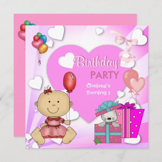 第1誕生日第1パーティーかわいいピンクハート女子3 招待状 (正面/裏面)