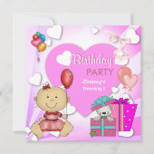 第1誕生日第1パーティーかわいいピンクハート女子3 招待状 (正面)