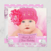 第1誕生日第1女子かわいらしピンクカップケーキベビー 招待状 (正面/裏面)