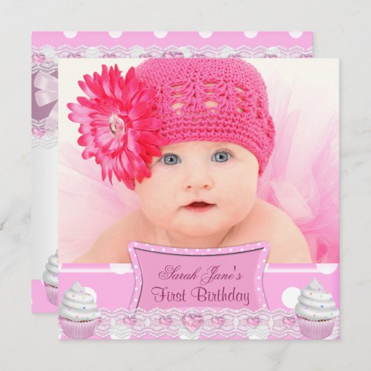 第1誕生日第1女子かわいらしピンクカップケーキベビー 招待状 (正面/裏面)