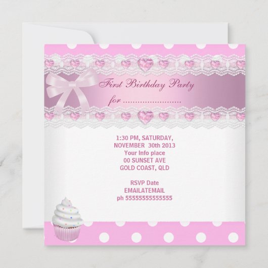 第1誕生日第1女子かわいらしピンクカップケーキベビー 招待状 (裏面)