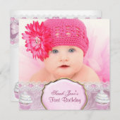 第1誕生日第1女子かわいらしピンクカップケーキベビー 招待状 (正面/裏面)