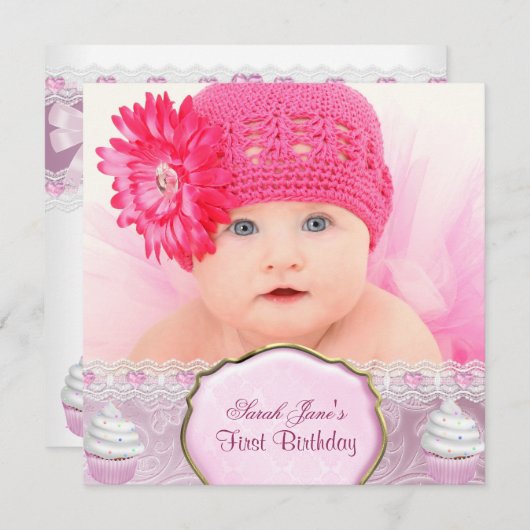 第1誕生日第1女子かわいらしピンクカップケーキベビー 招待状 (正面/裏面)