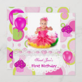 第1誕生日第1女子カップケーキピンクバルーン 招待状 (正面/裏面)