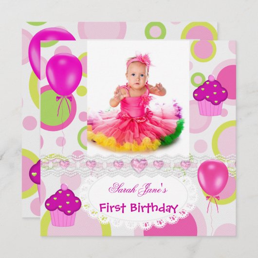 第1誕生日第1女子カップケーキピンクバルーン 招待状 (正面/裏面)
