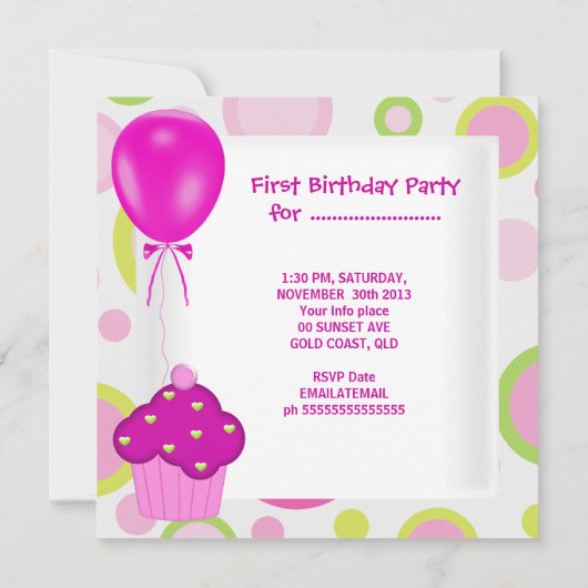 第1誕生日第1女子カップケーキピンクバルーン 招待状 (裏面)