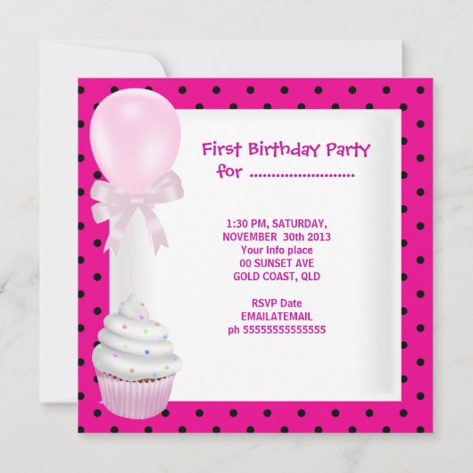 第1誕生日第1女子ホットピンクカップケーキベビー 招待状 (裏面)
