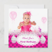 第1誕生日第1女子ホットピンクカップケーキベビー 招待状 (正面)