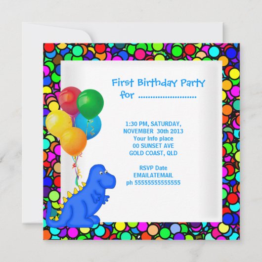 第1誕生日第1期恐竜レッドグリーンブルーボーイ 招待状 (裏面)