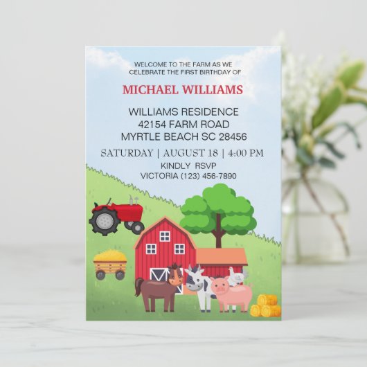 第1誕生日納屋周囲の庭農動物 招待状 (スタンド正面)