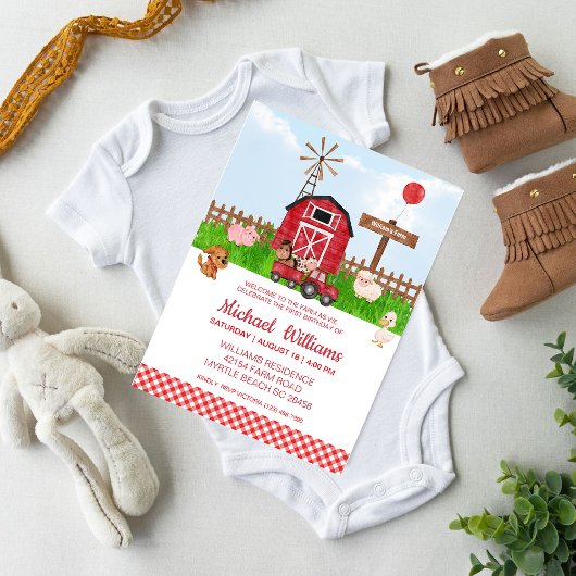 第1誕生日納屋周囲の庭農動物 招待状