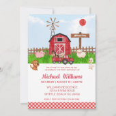 第1誕生日納屋周囲の庭農動物 招待状 (正面)