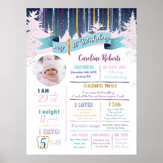 第1誕生日統計ウィンターピンクブルーパープルフォト ポスター (正面)